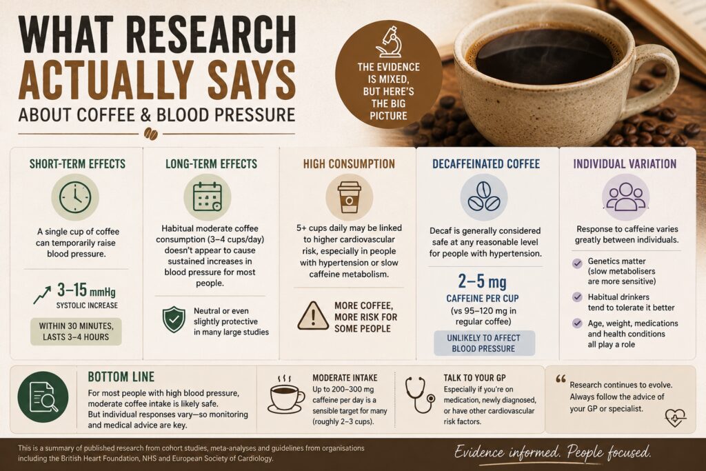 Infographic summarising current research on coffee and blood pressure, explaining that evidence is mixed and individual responses vary. The graphic compares short-term and long-term effects of coffee consumption, showing that caffeine can temporarily raise blood pressure while moderate habitual intake does not appear to cause sustained increases for most people. It also highlights findings on decaffeinated coffee, high caffeine consumption, and the importance of genetics, lifestyle, and medical advice when managing hypertension.