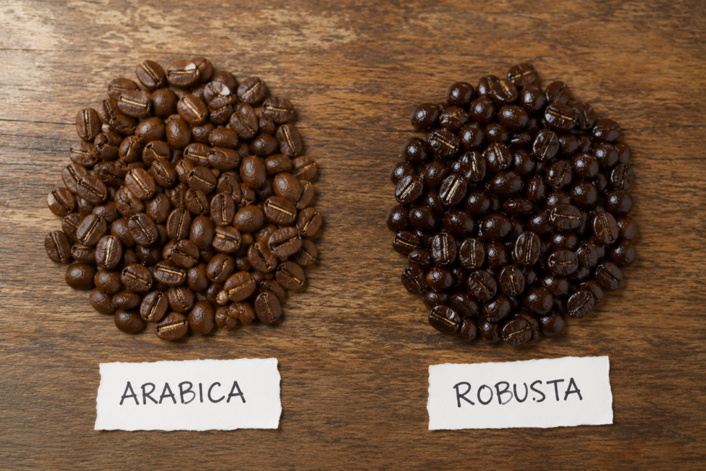 Close-up overhead view of Arabica and Robusta coffee beans arranged side by side on a rustic wooden table. The lighter brown Arabica beans appear larger and more elongated, while the darker Robusta beans are smaller, rounder, and glossier. Handwritten labels beneath each pile identify the bean varieties, highlighting the visual differences between the two most common coffee species.