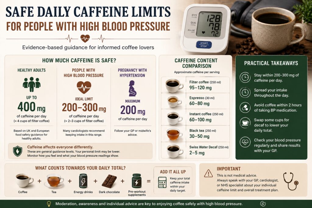Infographic showing safe daily caffeine limits for people with high blood pressure. The graphic compares recommended caffeine intake for healthy adults, people with hypertension, and pregnancy with hypertension, while highlighting practical advice for managing coffee consumption safely. It also compares the caffeine content of common drinks such as filter coffee, espresso, tea, instant coffee and Swiss Water decaf, emphasising moderation, spacing caffeine throughout the day, and consulting a GP for personalised advice.