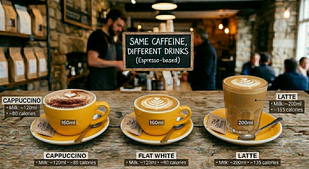 Espresso-based coffee comparison chart showcasing a Cappuccino and Flat White in yellow ceramic cups alongside a Latte in a clear glass, detailing milk volume and calories for "The Coffee Twins."
