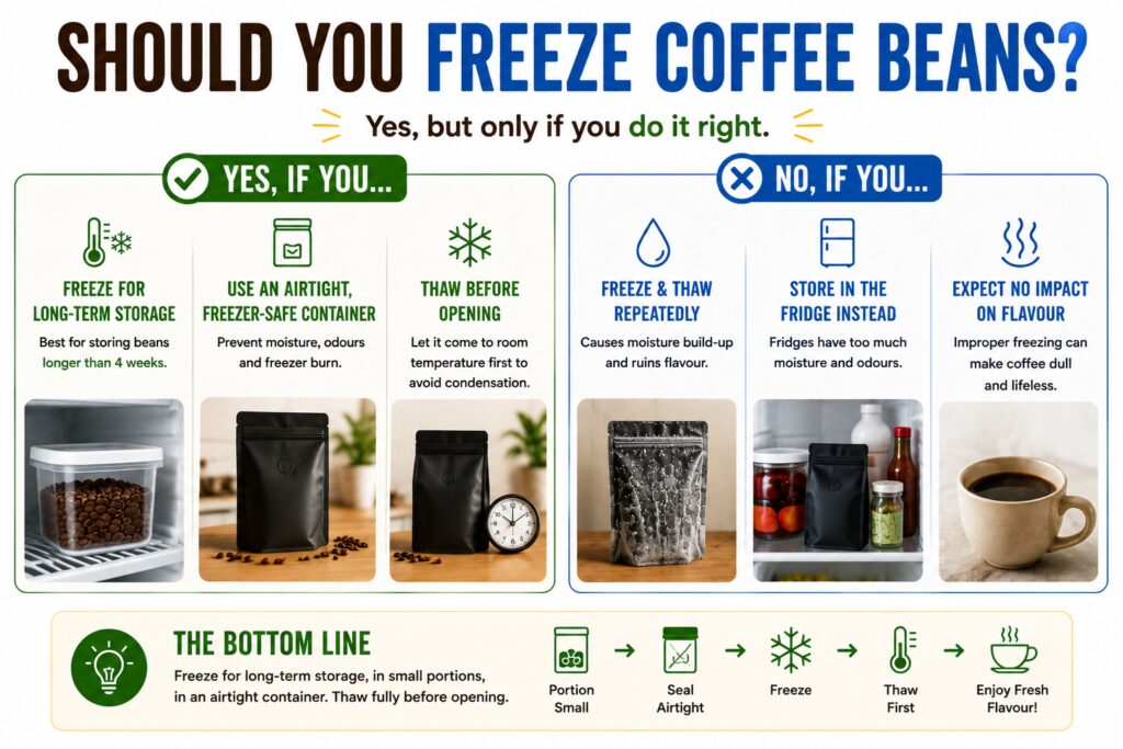 Infographic titled “Should You Freeze Coffee Beans?” explaining when freezing coffee is beneficial and when it is not. The graphic uses green and blue sections to compare proper and improper freezing practices. Recommended methods include freezing beans only for long-term storage, using airtight freezer-safe containers, and allowing beans to thaw before opening. Common mistakes shown include repeatedly freezing and thawing coffee, storing beans in the refrigerator, and assuming freezing has no impact on flavour. A summary section at the bottom outlines the correct process: portion beans into small batches, seal them airtight, freeze, thaw fully before opening, and then brew for the best flavour. The design uses clean icons, freezer imagery, coffee bags, and a bright, easy-to-read layout.