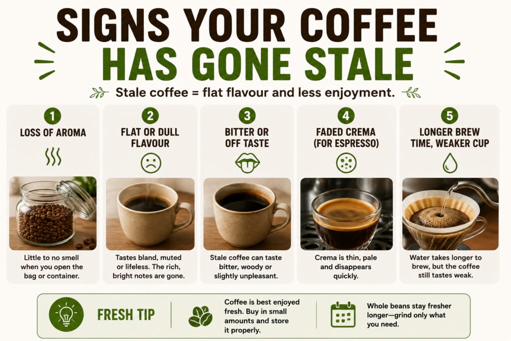 Infographic titled “Signs Your Coffee Has Gone Stale” highlighting five common indicators of stale coffee. The graphic shows: loss of aroma from stored beans, flat or dull flavour in a brewed cup, bitter or unpleasant taste, faded espresso crema, and longer brew times that still produce weak coffee. Each sign is illustrated with coffee-related photos and icons. A freshness tip at the bottom recommends buying smaller quantities, storing coffee properly, and grinding whole beans only when needed to preserve flavour. The design uses a light cream background with green accents and a clean educational layout.