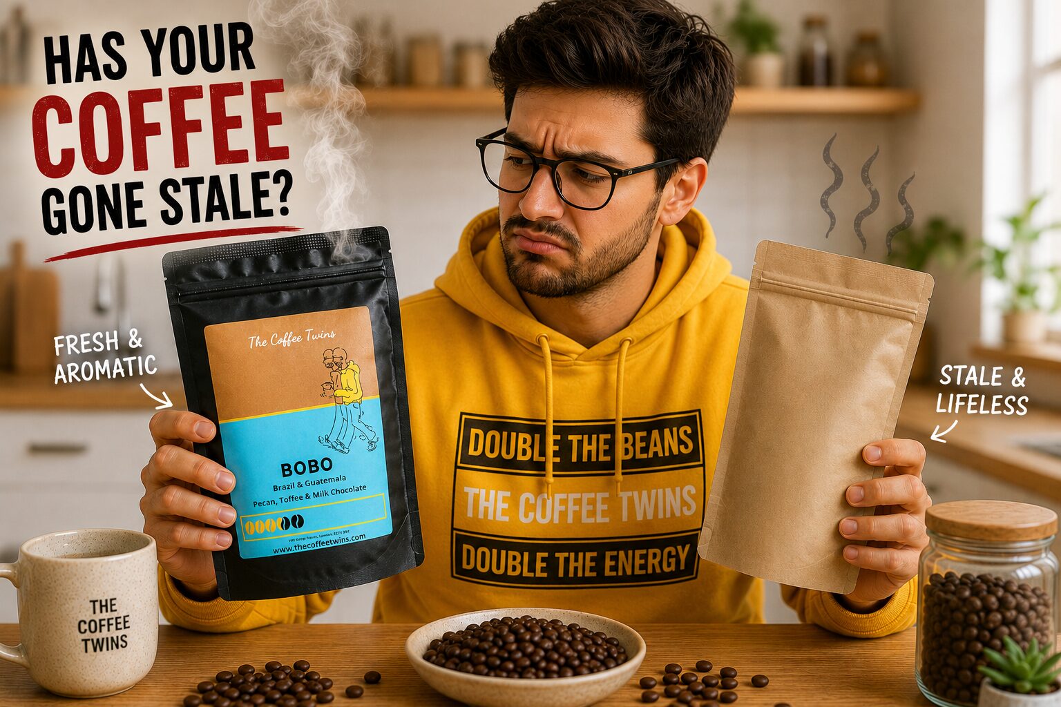 A confused man wearing a bright yellow Coffee Twins hoodie stands in a modern kitchen comparing two coffee bags. In one hand, he holds a fresh Coffee Twins Bobo coffee bag with visible aroma rising from it, while in the other he holds a plain unbranded bag representing stale coffee. Large headline text reads “Has Your Coffee Gone Stale?” Coffee beans, a Coffee Twins mug, and a jar of beans sit on the counter, illustrating the difference between fresh speciality coffee and stale coffee storage.