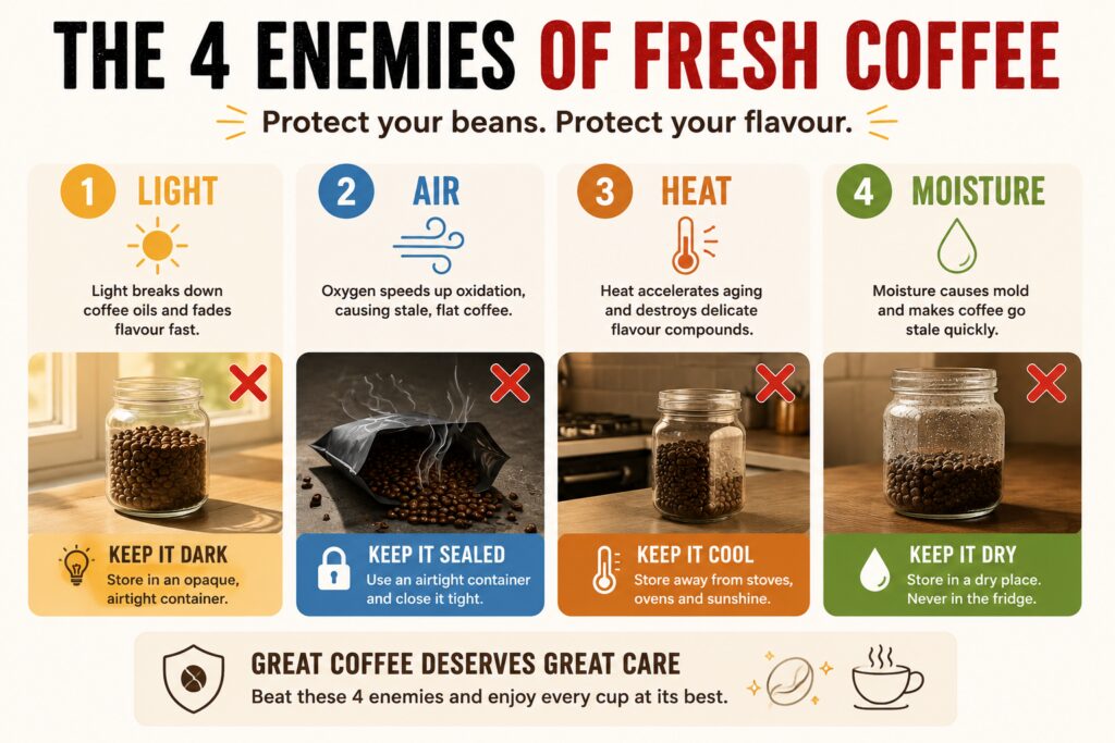 Infographic titled “The 4 Enemies of Fresh Coffee” showing the four main factors that cause coffee beans to go stale: light, air, heat, and moisture. The design features four colour-coded panels with icons and examples of improper storage, including a clear glass jar in sunlight, an open coffee bag exposed to air, coffee stored near a hot stove, and coffee exposed to moisture. Each section explains how the factor damages freshness and provides a storage tip, such as using an airtight container, keeping beans in a cool dark place, and avoiding refrigerators. A footer message emphasizes protecting coffee beans from these four enemies to preserve flavour and freshness.