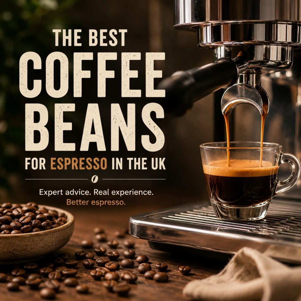 Featured image for a guide to the best coffee beans for espresso in the UK. A rich espresso shot is being extracted from a polished espresso machine into a clear glass cup, showcasing a thick golden-brown crema. Freshly roasted coffee beans are scattered across a wooden countertop, with a bowl of espresso beans in the foreground. Warm café lighting creates a premium speciality coffee atmosphere, while bold headline text reads "The Best Coffee Beans for Espresso in the UK" with the tagline "Expert advice. Real experience. Better espresso." The image conveys freshness, craftsmanship, and the pursuit of the perfect espresso.