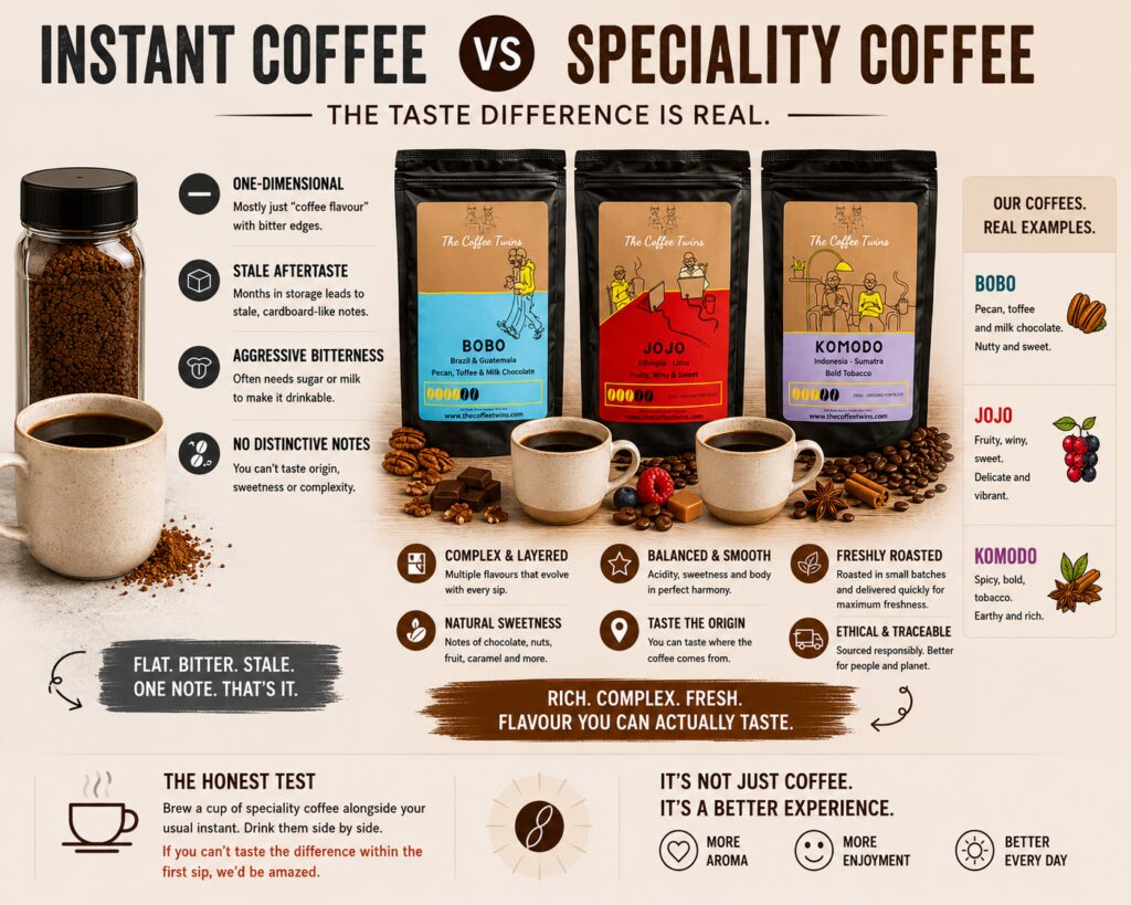 Infographic comparing instant coffee and speciality coffee, featuring The Coffee Twins Bobo, Jojo, and Komodo blends alongside an instant coffee jar. The graphic highlights the differences in flavour, freshness, complexity, and aroma, showing how speciality coffee offers distinct tasting notes such as chocolate, nuts, fruit, spice, and sweetness, while instant coffee is characterised by a flatter, more bitter flavour profile. The comparison also explains how speciality coffee delivers greater freshness, traceability, and overall drinking experience.