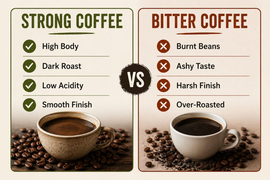 Strong coffee vs bitter coffee infographic explaining the difference between flavour intensity and bitterness. Strong coffee is characterised by high body, dark roast, low acidity, and a smooth finish, while bitter coffee is associated with burnt beans, ashy flavours, harsh aftertaste, and over-roasting.