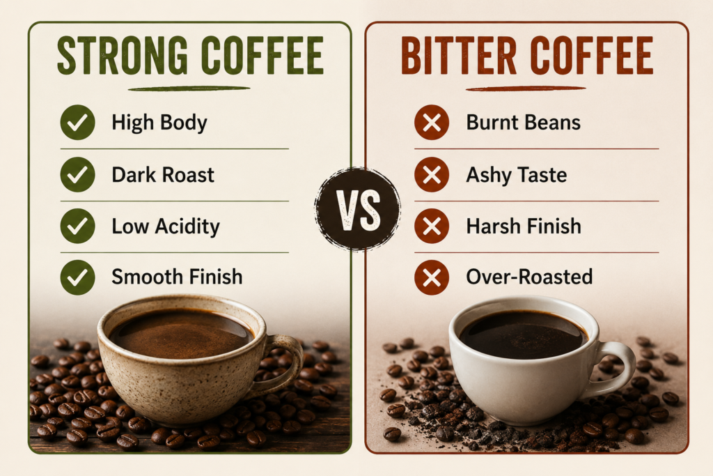 Strong coffee vs bitter coffee infographic explaining the difference between flavour intensity and bitterness. Strong coffee is characterised by high body, dark roast, low acidity, and a smooth finish, while bitter coffee is associated with burnt beans, ashy flavours, harsh aftertaste, and over-roasting.