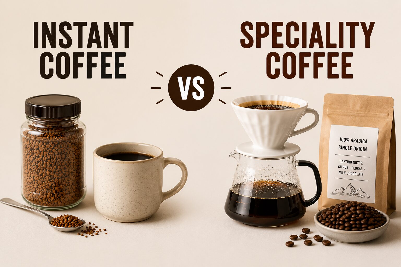 Featured image comparing instant coffee and speciality coffee side by side. The image shows a jar of instant coffee granules and a mug of black coffee on one side, contrasted with freshly brewed pour-over coffee, whole coffee beans, and speciality coffee equipment on the other. The visual highlights the difference between convenience-focused instant coffee and fresh, high-quality speciality coffee, illustrating flavour, freshness, and brewing quality in a clean, minimalist style.