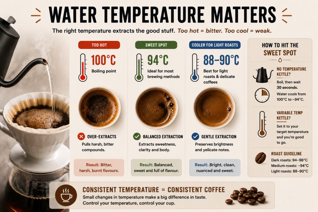 Infographic explaining how water temperature affects coffee flavour and bitterness. The graphic compares three brewing temperatures: 100°C (too hot, causing over-extraction and bitter flavours), 94°C (the ideal brewing temperature for balanced sweetness, body and clarity), and 88–90°C (recommended for light roasts to preserve delicate flavours). It also includes practical tips for achieving the correct water temperature, showing that waiting 30 seconds after boiling can help reach the ideal brewing range and produce a smoother, less bitter cup of coffee.