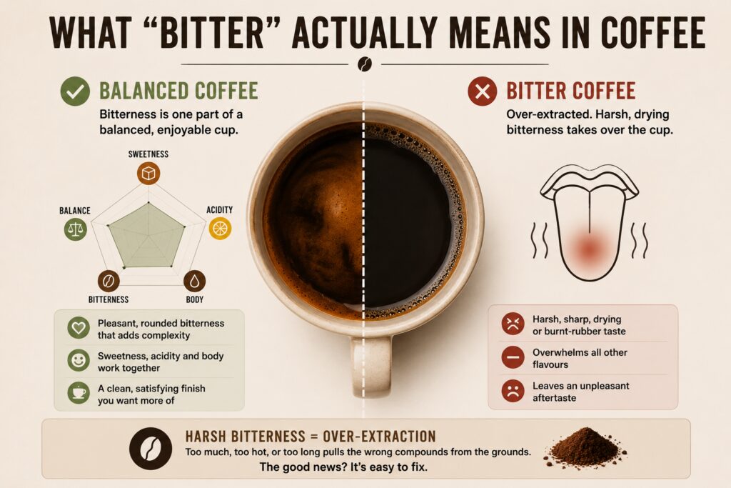 Infographic explaining the difference between balanced coffee and bitter coffee. The graphic shows a split coffee cup, with one side representing a balanced brew where sweetness, acidity, body and mild bitterness work together, and the other side showing over-extracted coffee dominated by harsh bitterness. It highlights that unpleasant bitter coffee is usually caused by over-extraction from brewing too hot, too long, or too aggressively, and explains how bitterness can overwhelm other flavours in the cup.