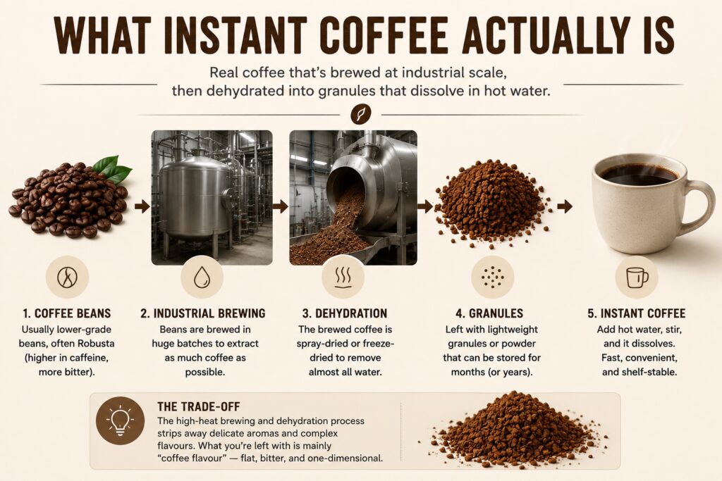 Infographic explaining how instant coffee is made, showing the process from coffee beans to industrial brewing, dehydration, granules, and the final cup. The graphic highlights how instant coffee is brewed and dried at industrial scale to create a convenient, shelf-stable product, while noting that the process reduces much of the flavour complexity found in freshly brewed coffee.