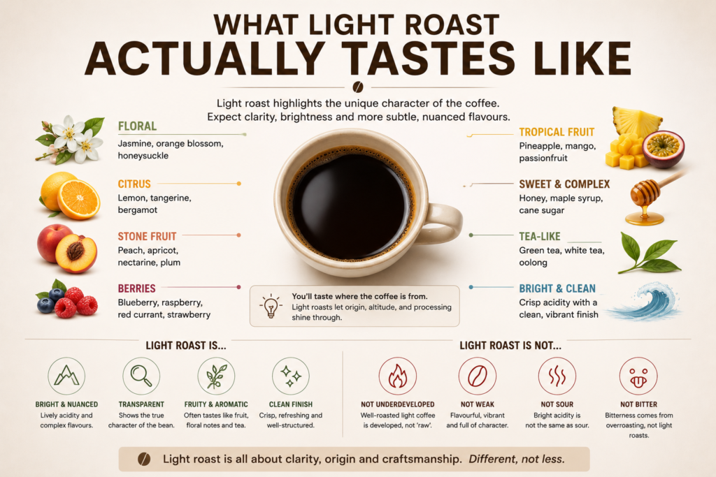 Educational infographic illustrating the flavour profile of light roast coffee. A central cup of black filter coffee is surrounded by natural tasting notes commonly found in lightly roasted specialty coffees, including floral blossoms, citrus fruits, stone fruits, berries, tropical fruits, honey, and tea leaves. The graphic explains that light roast coffee highlights the bean's natural origin character, offering bright acidity, clarity, fruity and floral flavours, and a clean finish. A comparison section also dispels common misconceptions by explaining that light roast coffee is not weak, sour, bitter, or underdeveloped, but instead delivers a vibrant, nuanced, and complex coffee experience.