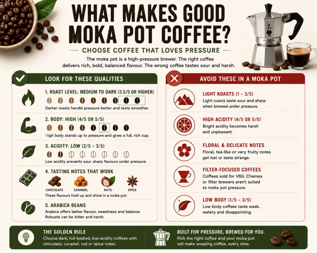 What makes good moka pot coffee infographic showing the key characteristics of coffee beans suited to stovetop espresso makers. Educational guide highlighting medium-to-dark roast levels, high body, low acidity, Arabica beans, and flavour notes such as chocolate, caramel, nuts, and spice. Includes a comparison of coffees to avoid in a moka pot, including light roasts, high-acidity coffees, and delicate floral flavour profiles. Ideal for UK coffee drinkers looking for the best coffee beans for moka pot brewing.