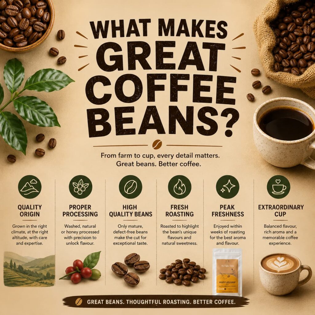 Infographic titled “What Makes Great Coffee Beans?” explaining that exceptional coffee comes from quality origins, careful processing, high-grade beans, fresh roasting, and peak freshness. Coffee-themed illustrations and a bag of The Coffee Twins coffee accompany the design, ending with the message: “Great Beans. Thoughtful Roasting. Better Coffee.