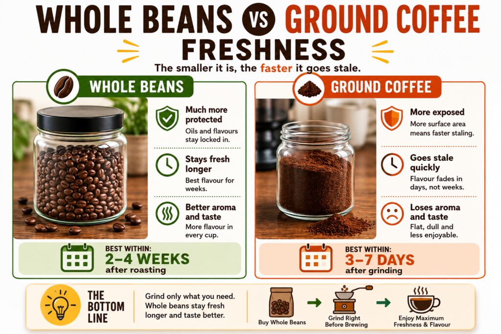 Infographic comparing whole coffee beans and ground coffee freshness. Whole beans are shown in a sealed jar with benefits including longer-lasting freshness, better aroma, and protection from oxidation, with peak flavour lasting 2–4 weeks after roasting. Ground coffee is shown in a jar of coffee grounds, highlighting faster staling, aroma loss, and a shorter freshness window of 3–7 days after grinding. The design emphasizes that smaller coffee particles go stale more quickly and recommends grinding only what you need before brewing.