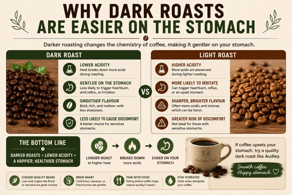 Infographic comparing dark roast and light roast coffee, explaining why dark roasts are easier on sensitive stomachs. The graphic highlights that darker roasting reduces acidity, lowers the risk of heartburn and reflux, and creates a smoother flavour profile, while light roasts retain more acids and are more likely to cause stomach discomfort. A visual summary shows how longer roasting breaks down acids, making dark roast coffee gentler on digestion.