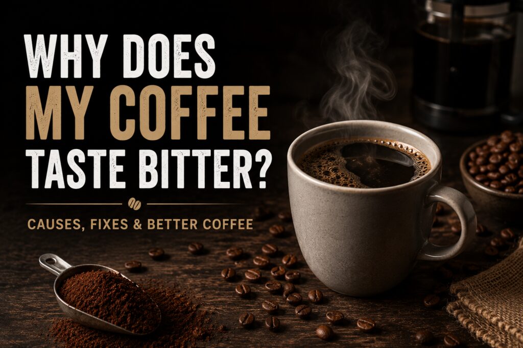 Featured image for a blog about bitter coffee, showing a steaming cup of black coffee on a rustic wooden table surrounded by freshly ground coffee and roasted coffee beans. The dark, moody scene highlights common coffee brewing issues and solutions, with a warm café-style atmosphere that represents coffee flavour, extraction, and the journey to a smoother, better-tasting cup.