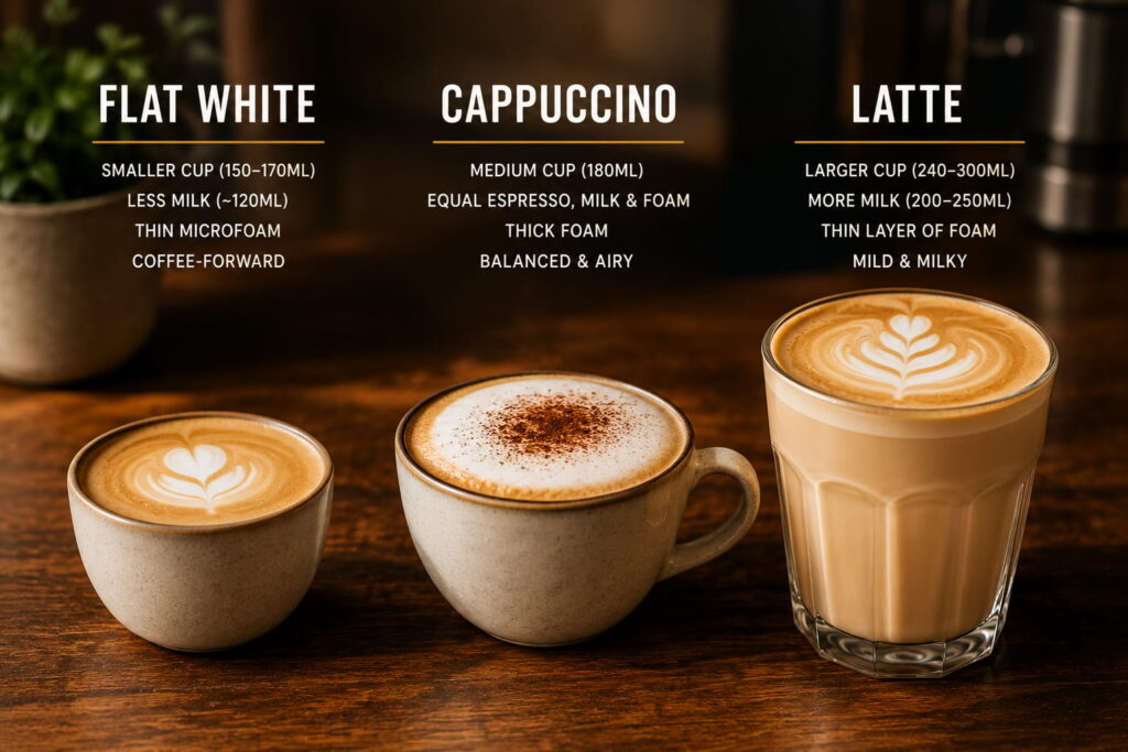 Side-by-side comparison of a flat white, cappuccino and latte on a wooden table, showing the differences in cup size, milk volume and foam texture. The image features a small flat white with thin microfoam, a cappuccino with thick airy foam, and a large latte in a glass with silky steamed milk and latte art, helping explain the differences between popular UK espresso-based coffee drinks.