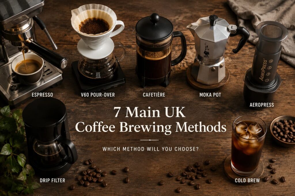 Top-down view of seven popular coffee brewing methods arranged on a rustic wooden table, including an espresso machine, V60 pour-over, cafetière (French press), moka pot, AeroPress, drip filter coffee maker, and a glass of cold brew over ice, with scattered coffee beans illustrating the main UK coffee brewing methods.