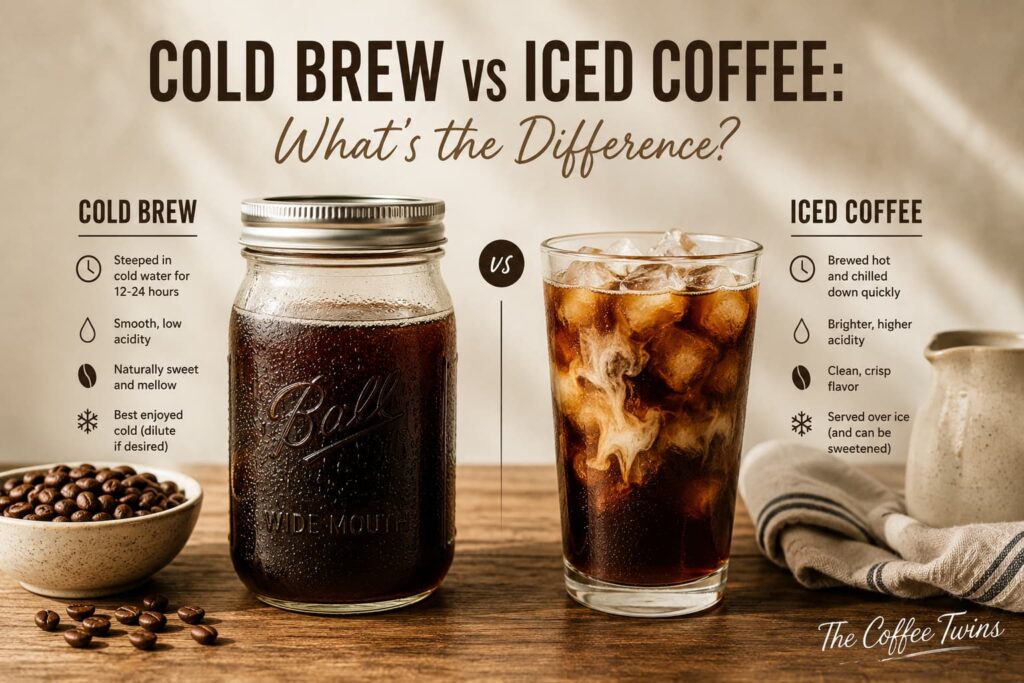 Comparison infographic titled “Cold Brew vs Iced Coffee: What’s the Difference?” showing a mason jar of cold brew beside a glass of iced coffee, with key differences in brewing method, flavour, acidity and serving style, plus a subtle The Coffee Twins watermark in the bottom-right corner.