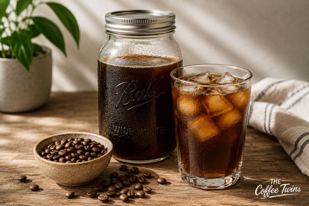 Hero image for a guide on how to make cold brew coffee at home, featuring a mason jar of homemade cold brew, a glass of iced coffee with ice cubes, fresh coffee beans in a bowl, and scattered beans on a rustic wooden table. A subtle "The Coffee Twins" watermark appears in the bottom-right corner.