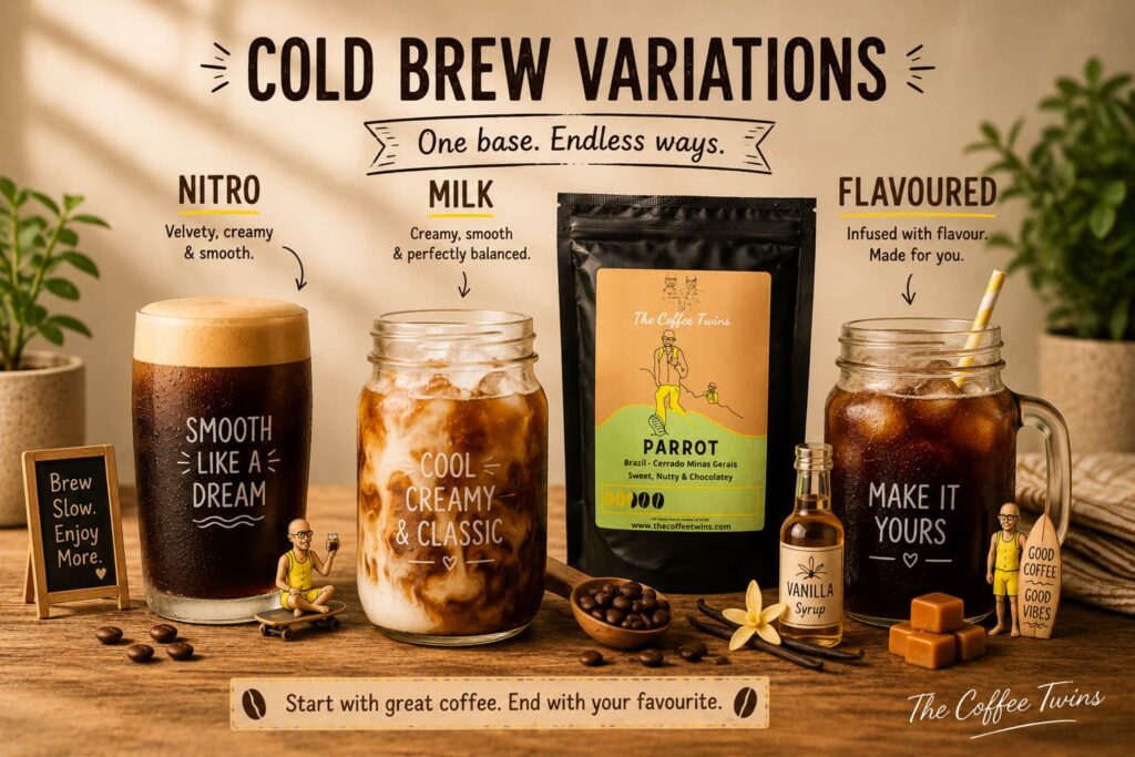 Infographic titled “Cold Brew Variations” featuring three popular cold brew styles—nitro cold brew, cold brew with milk and flavoured cold brew—alongside The Coffee Twins Parrot coffee bag, vanilla syrup, coffee beans and playful summer props on a rustic wooden table, with a subtle The Coffee Twins watermark in the bottom-right corner.