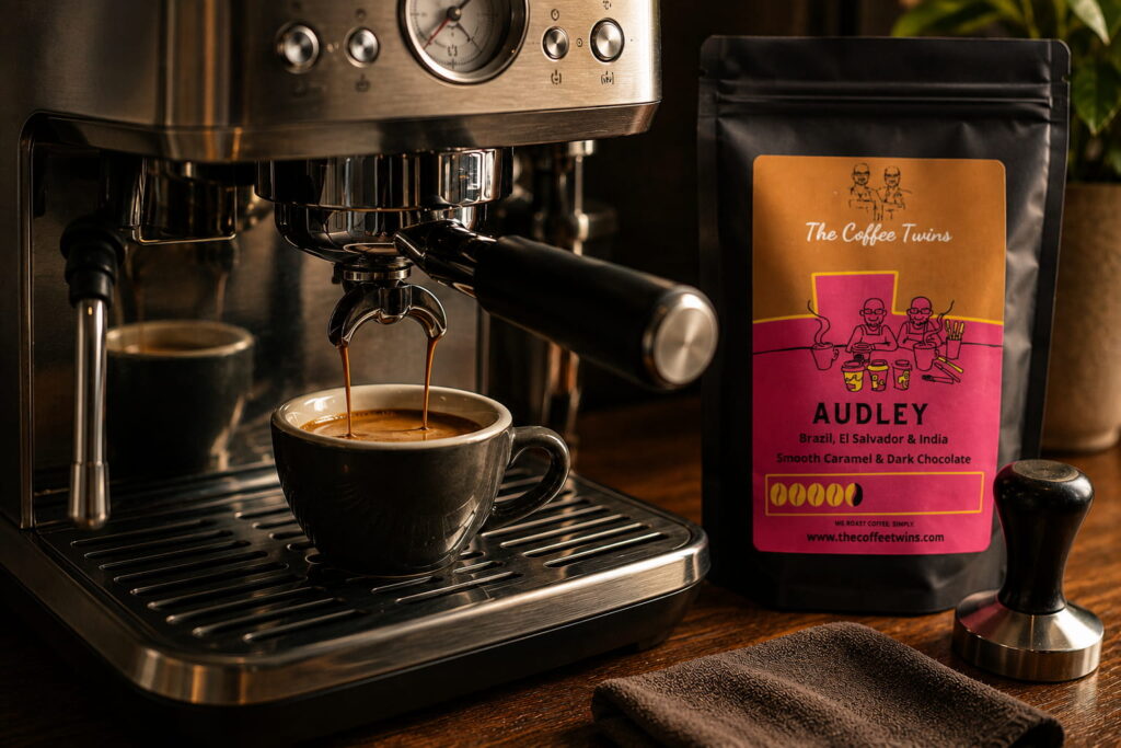Espresso machine pulling a fresh espresso shot into a cup beside The Coffee Twins Audley speciality coffee beans, demonstrating the best coffee brewing method for café-style espresso at home.
