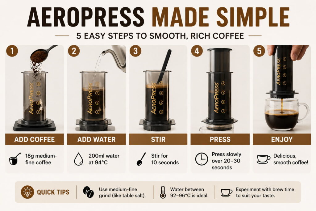 Infographic titled "AeroPress Made Simple: 5 Easy Steps to Smooth, Rich Coffee" showing a beginner-friendly guide to making AeroPress coffee at home. The five-step process illustrates adding medium-fine coffee grounds, pouring in hot water, stirring, pressing slowly, and enjoying the finished cup. The guide includes brewing tips such as using water between 92–96°C and experimenting with brew times to suit your taste. Ideal for beginners learning how to make smooth, café-quality coffee with an AeroPress.