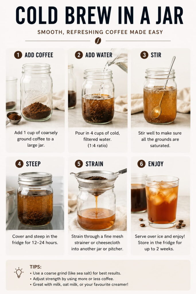 Alt text: Infographic titled “Cold Brew in a Jar” showing six steps for making cold brew coffee at home: adding coarse coffee grounds to a jar, pouring in water, stirring, steeping in the fridge for 12–24 hours, straining the coffee, and serving it over ice. The guide also includes tips on grind size and adjusting the strength of the brew.