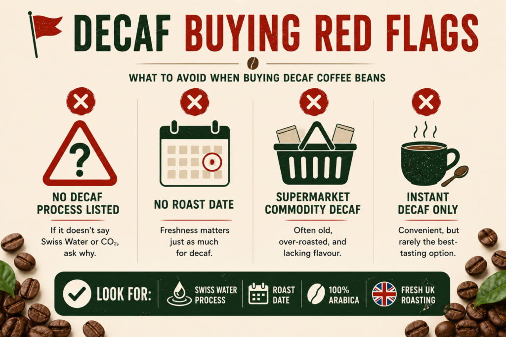 Infographic titled "Decaf Buying Red Flags" on a warm beige background, highlighting four warning signs to avoid when purchasing decaf coffee beans. The four panels feature icons and short explanations for: No Decaf Process Listed, No Roast Date, Supermarket Commodity Decaf, and Instant Decaf Only. A green banner at the bottom recommends looking for Swiss Water Process, a roast date, 100% Arabica beans, and fresh UK roasting. Decorative roasted coffee beans and green leaves frame the infographic.