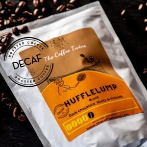 Hufflelump Decaf Coffee by The Coffee Twins – dark chocolate, nutty and smooth flavor blend.