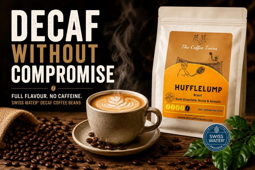 Infographic titled "Why People Choose Decaf" on a warm cream background with illustrations and icons explaining five reasons people switch to decaffeinated coffee. The sections cover pregnancy, better sleep, blood pressure management, anxiety reduction, and enjoying the ritual of coffee without caffeine. Decorative roasted coffee beans and green coffee leaves frame the bottom of the image, alongside the message: "The best decaf coffee beans UK shoppers can buy taste as good as their caffeinated counterparts."