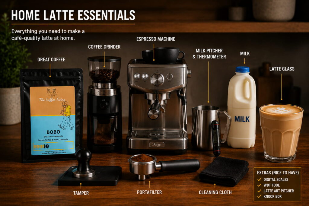 Home latte essentials laid out on a wooden countertop, including a bag of The Coffee Twins Bobo coffee beans, a coffee grinder, espresso machine, milk, milk pitcher, tamper, portafilter and a finished latte in a glass. The image showcases the essential equipment and ingredients needed to make a café-quality latte at home in the UK