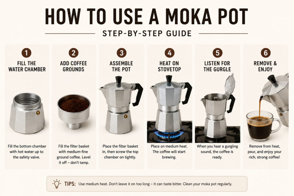 Alt text: Infographic titled “How to Use a Moka Pot: Step-by-Step Guide” showing six stages of brewing coffee with a Moka pot: filling the water chamber, adding coffee grounds, assembling the pot, heating it on the stove, listening for the gurgling sound, and pouring the finished coffee into a cup. A tip at the bottom recommends using medium heat and cleaning the Moka pot regularly.
