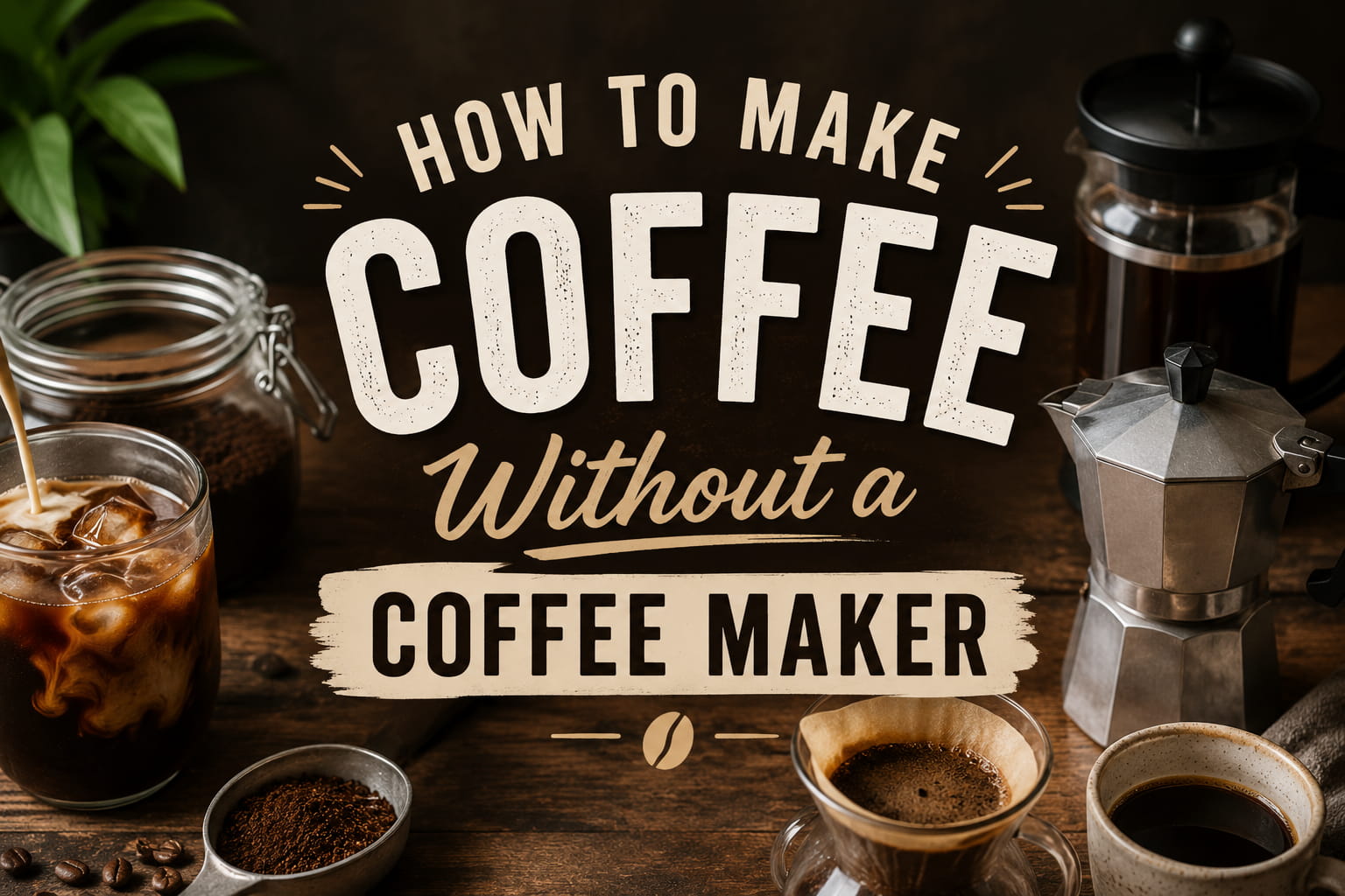 Hero image for an article titled “How to Make Coffee Without a Coffee Maker,” featuring large text surrounded by a Moka pot, French press, pour-over dripper, cold coffee, coffee grounds and a cup of black coffee on a rustic wooden table.