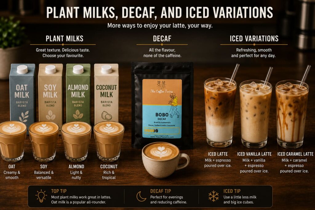 Comparison image showing different latte variations, including plant milk lattes made with oat, soy, almond and coconut milk, a decaf latte with The Coffee Twins Bobo coffee bag, and three iced coffee options: iced latte, iced vanilla latte and iced caramel latte. The image highlights popular ways to customise homemade lattes with dairy-free, decaf and iced alternatives.
