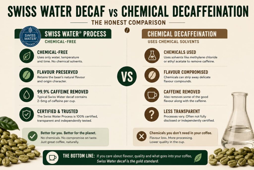 Infographic titled "Swiss Water Decaf vs Chemical Decaffeination: The Honest Comparison" comparing two methods of removing caffeine from coffee. The left side highlights the Swiss Water Process as chemical-free, flavour-preserving, 99.9% caffeine-free, and independently certified, with green icons and illustrations of green coffee beans. The right side explains traditional chemical decaffeination, noting the use of solvents, potential flavour loss, and lower transparency, alongside laboratory glassware and coffee bean illustrations. A banner at the bottom states that Swiss Water decaf is the gold standard for flavour, quality, and natural processing.