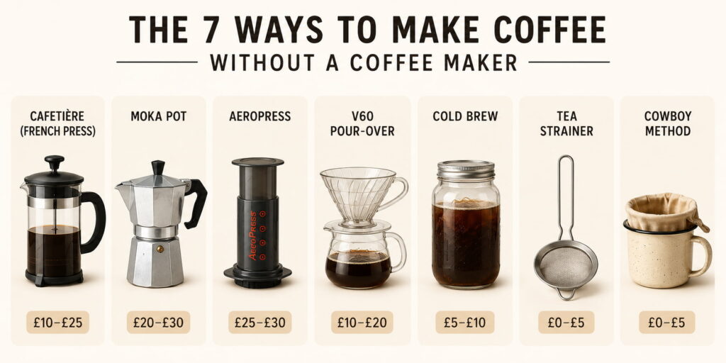 Alt text: Infographic titled “The 7 Ways to Make Coffee Without a Coffee Maker” showing seven manual brewing methods—cafetière (French press), Moka pot, AeroPress, V60 pour-over, cold brew, tea strainer and the cowboy method—with simple illustrations and estimated costs ranging from £0 to £30.