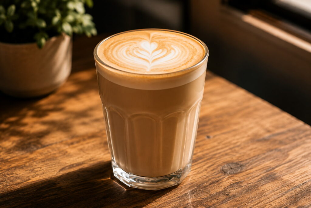 Close-up photograph of a traditional café latte served in a clear glass on a rustic wooden table. The drink features silky steamed milk, a thin layer of microfoam, and heart-shaped latte art, illustrating what a classic latte looks like in the UK. Perfect for a guide on how to make a latte at home and understanding the difference between a latte, flat white and cappuccino.