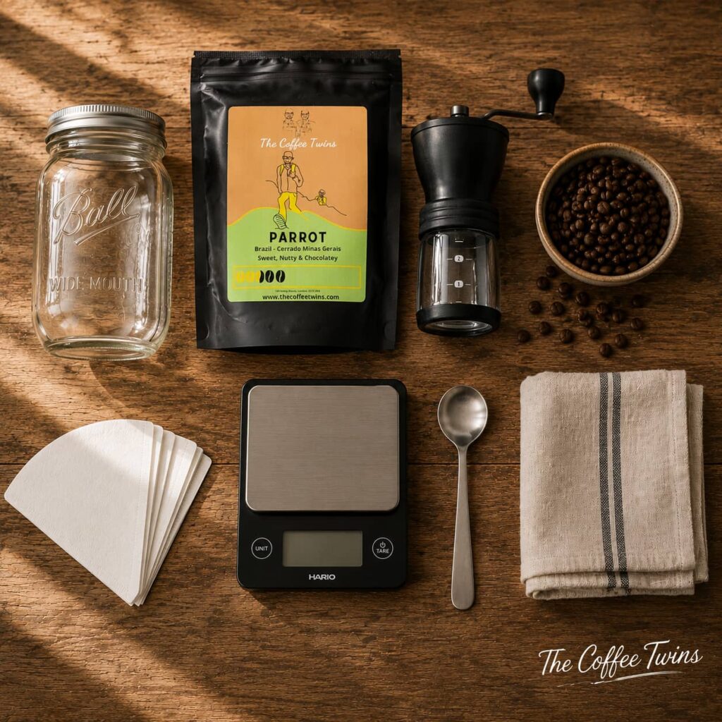 Flat lay of cold brew coffee essentials on a rustic wooden table, including a mason jar, The Coffee Twins Parrot coffee beans, a hand grinder, coffee beans, paper filters, digital scales, a spoon and a tea towel, with a subtle The Coffee Twins watermark in the bottom-right corner.
