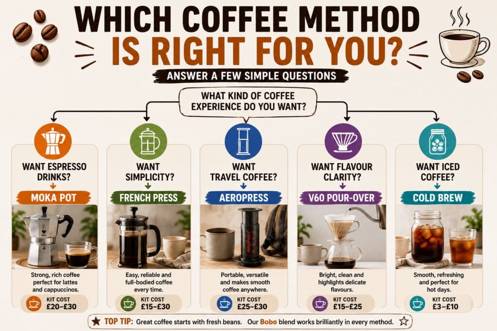 Infographic titled "Which Coffee Method Is Right for You?" featuring a simple decision tree that helps home coffee drinkers choose the best brewing method based on their preferences. The guide recommends a Moka Pot for espresso-style drinks, French Press for simplicity, AeroPress for travel coffee, V60 Pour-Over for flavour clarity, and Cold Brew for iced coffee. Each brewing method includes an image, a short description, and the typical equipment cost, making it easy for beginners to find the right way to make coffee without a coffee machine.