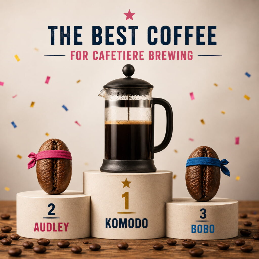 French press coffee on a podium with Komodo as the top cafetiere coffee, followed by Audley and Bobo, representing the best coffee choices for cafetiere brewing.