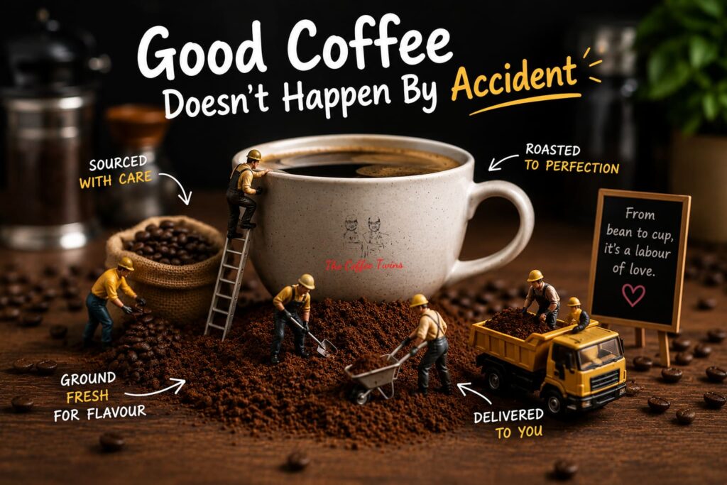 Fun coffee scene showing tiny workers sourcing, grinding, roasting and delivering fresh coffee, illustrating the care and craftsmanship behind speciality coffee.