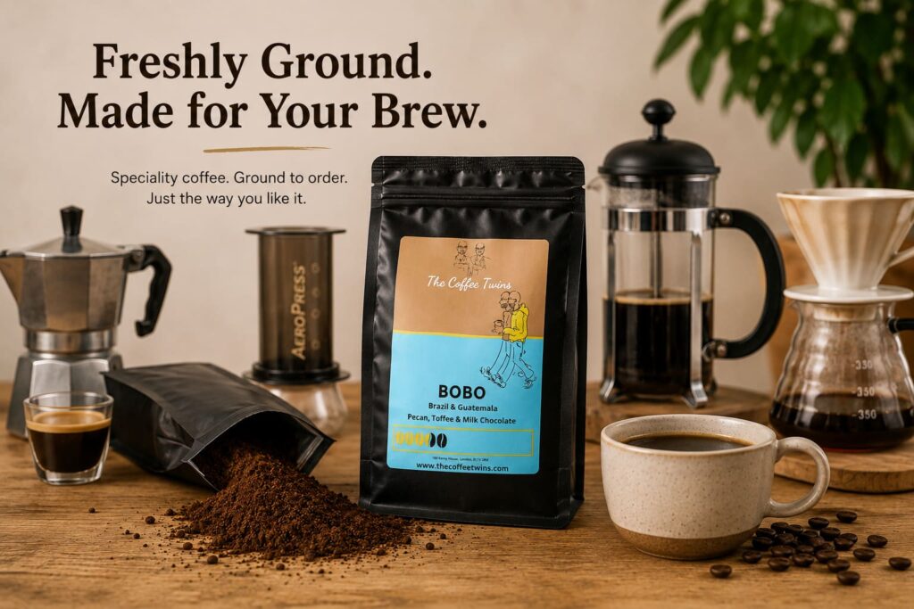 Freshly ground Bobo speciality coffee bag with coffee grounds, beans and brewing equipment, representing coffee ground to order for different brewing methods.