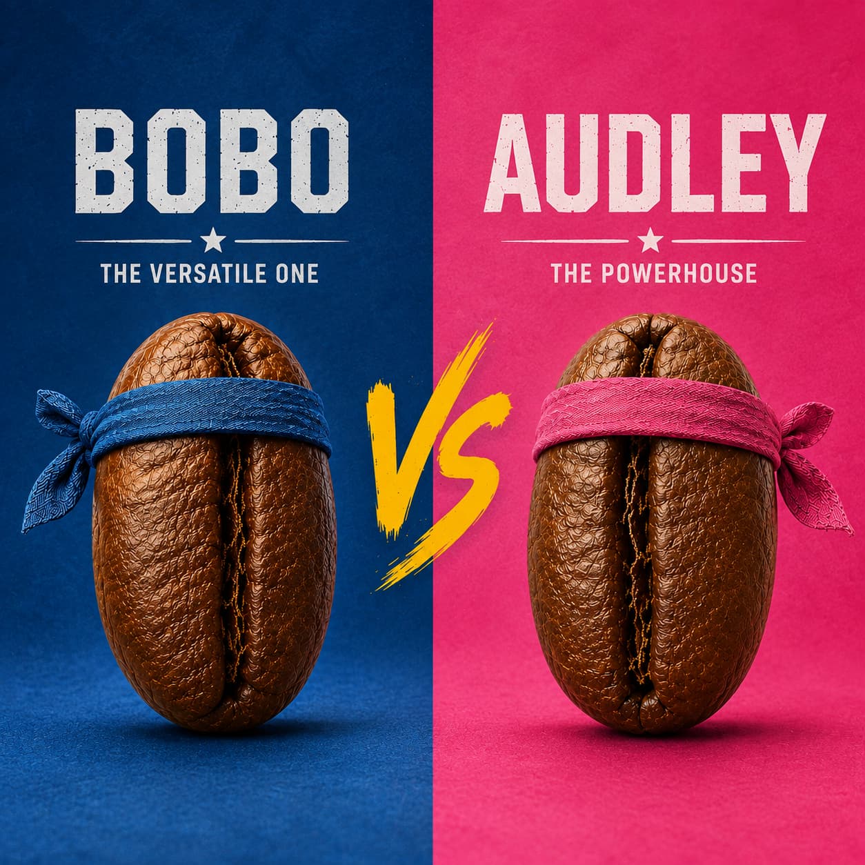 Bobo vs Audley coffee beans with blue and pink headbands, representing the versatile and powerful coffee blends in a playful side-by-side comparison.