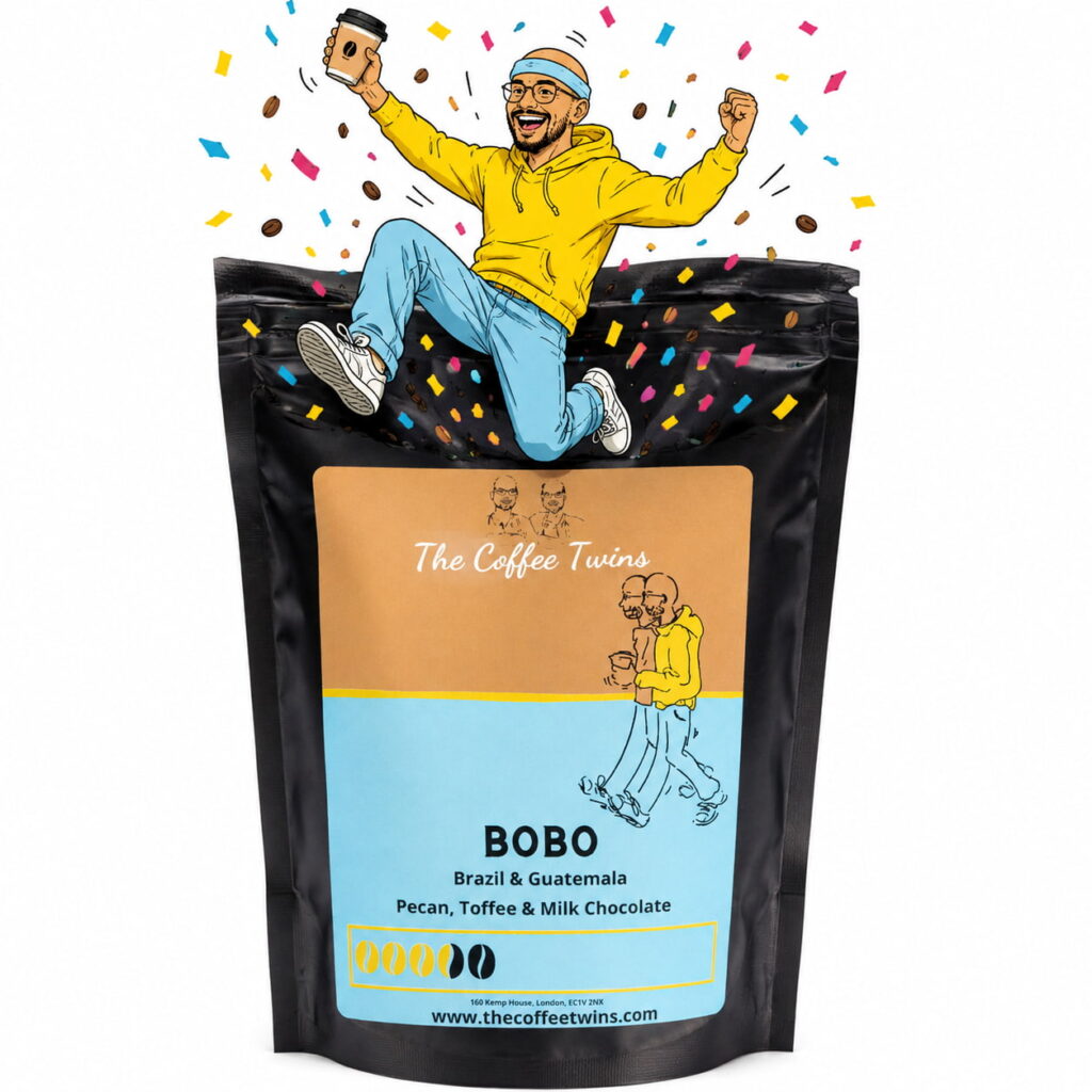 Bobo coffee bag with a cheerful coffee character wearing a blue headband jumping out of the bag with confetti, celebrating Bobo speciality coffee.