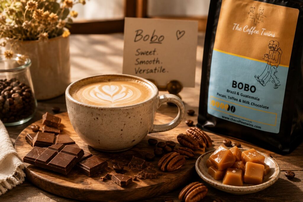 Bobo coffee with a latte, pecans, chocolate and toffee, showcasing the sweet and smooth medium-roast coffee blend from The Coffee Twins.