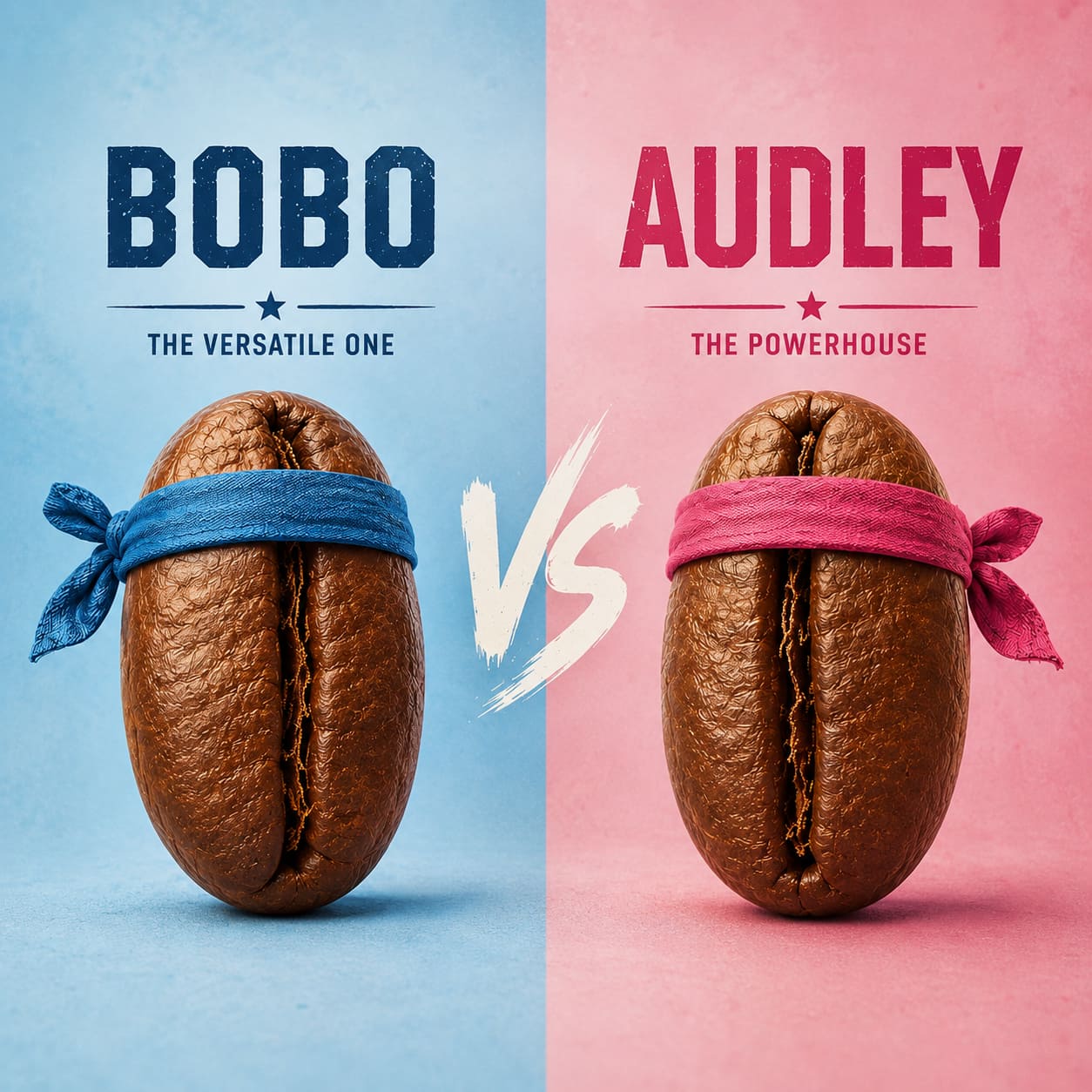 Bobo vs Audley coffee beans with blue and pink headbands, representing the versatile and powerful coffee blends in a playful side-by-side comparison.