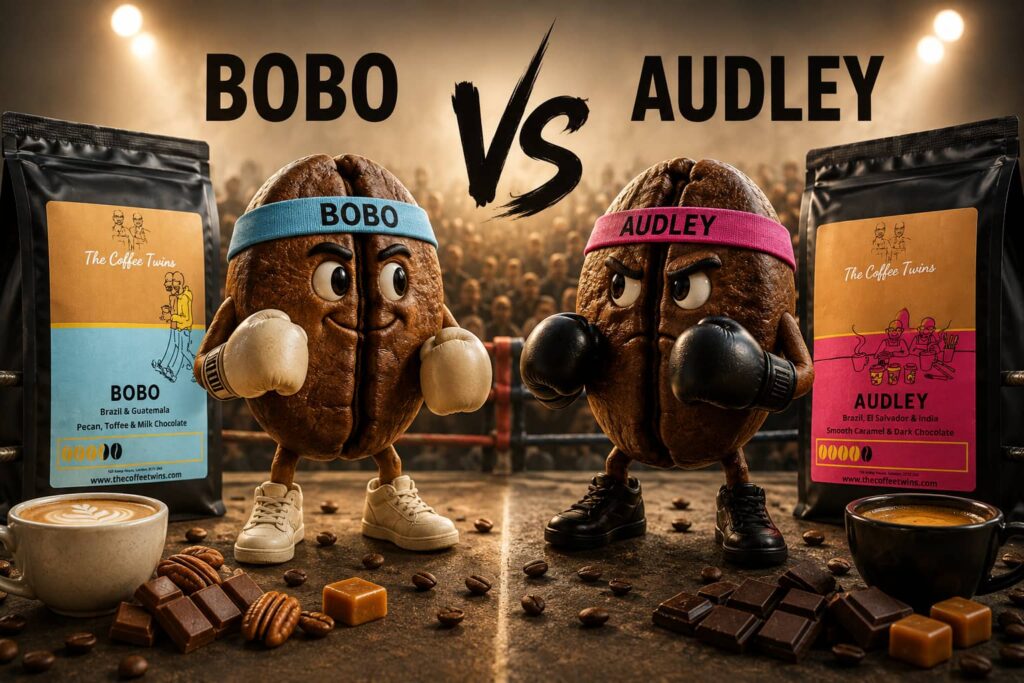 Bobo vs Audley coffee comparison featuring two coffee beans in a boxing-style showdown, with Bobo representing sweet, smooth versatility and Audley representing bold, strong espresso flavour.